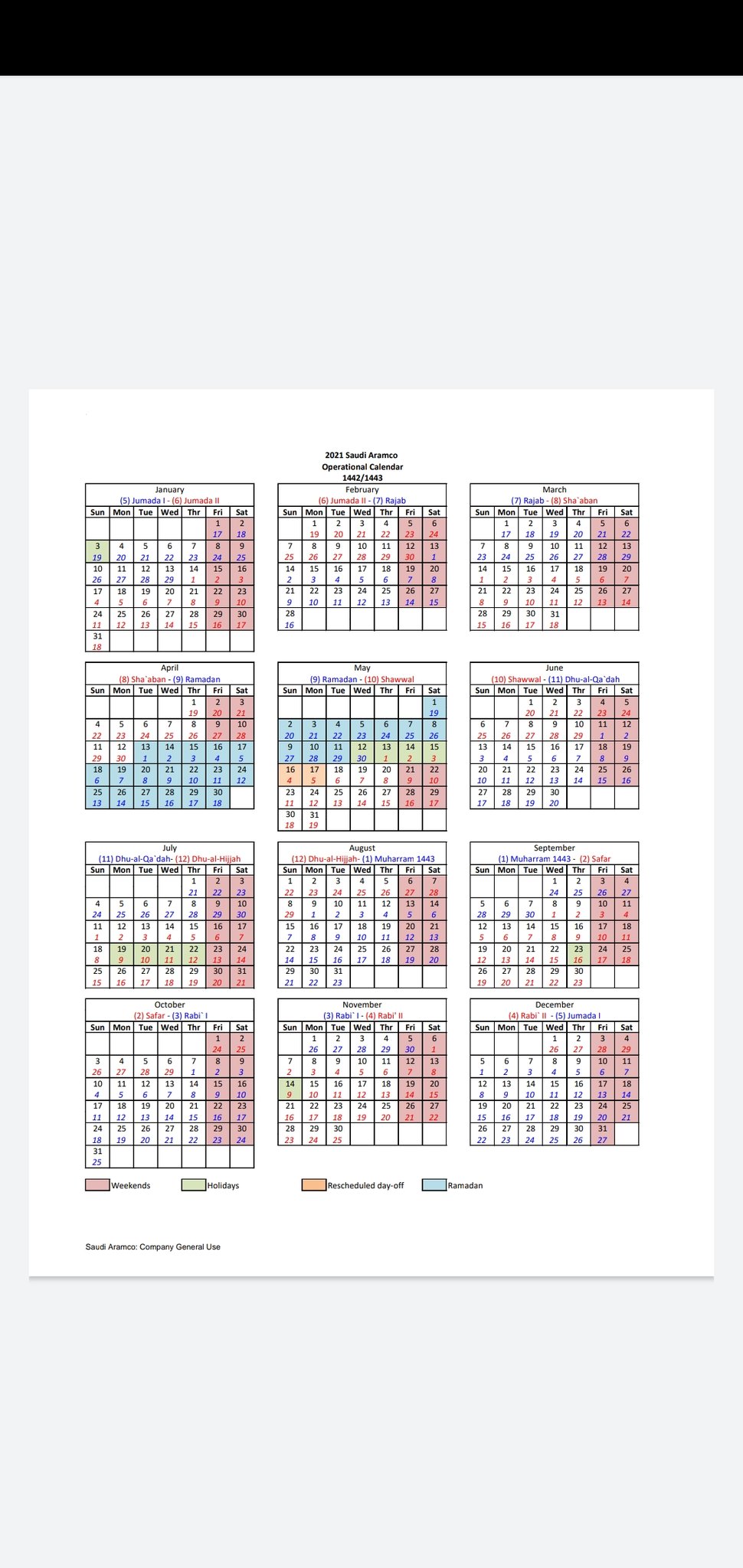 2022 Aramco Operational Calendar 2022