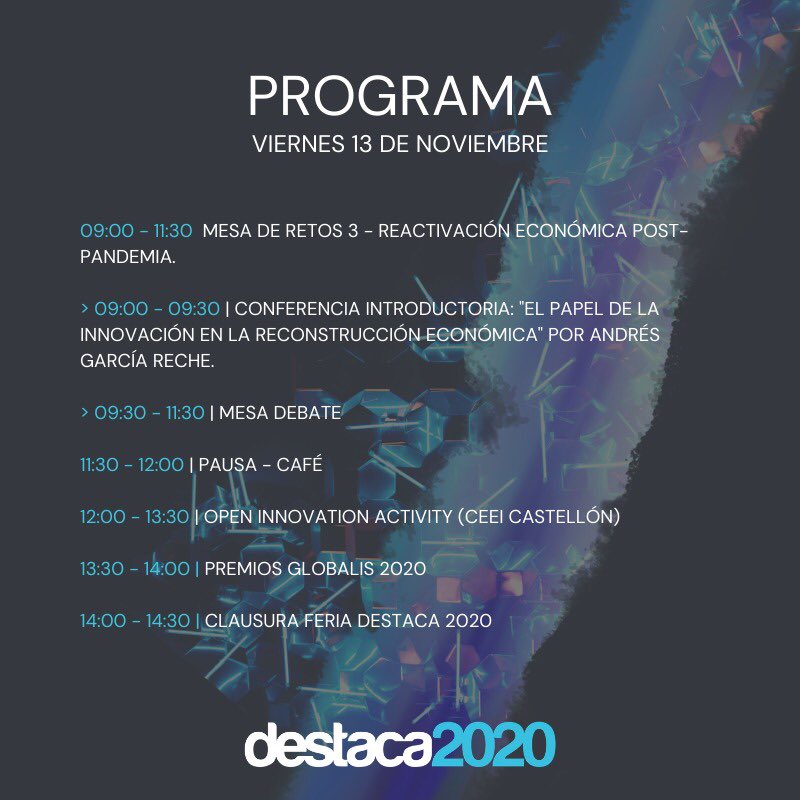 feriadestaca's tweet photo. 𝗙𝗘𝗥𝗜𝗔 𝗗𝗘𝗦𝗧𝗔𝗖𝗔 🔵✨
▶️ Da comienzo la última jornada de @feriadestaca.
¡Recordad que podéis ver todas las actividades vía online a través de nuestra plataforma.
#Destaca2020 #SomUJI #CiutatDeLaInnovació #Vila_real #ReactivaciónEconómica #postcovid https://t.co/iX9kcH3wd9
