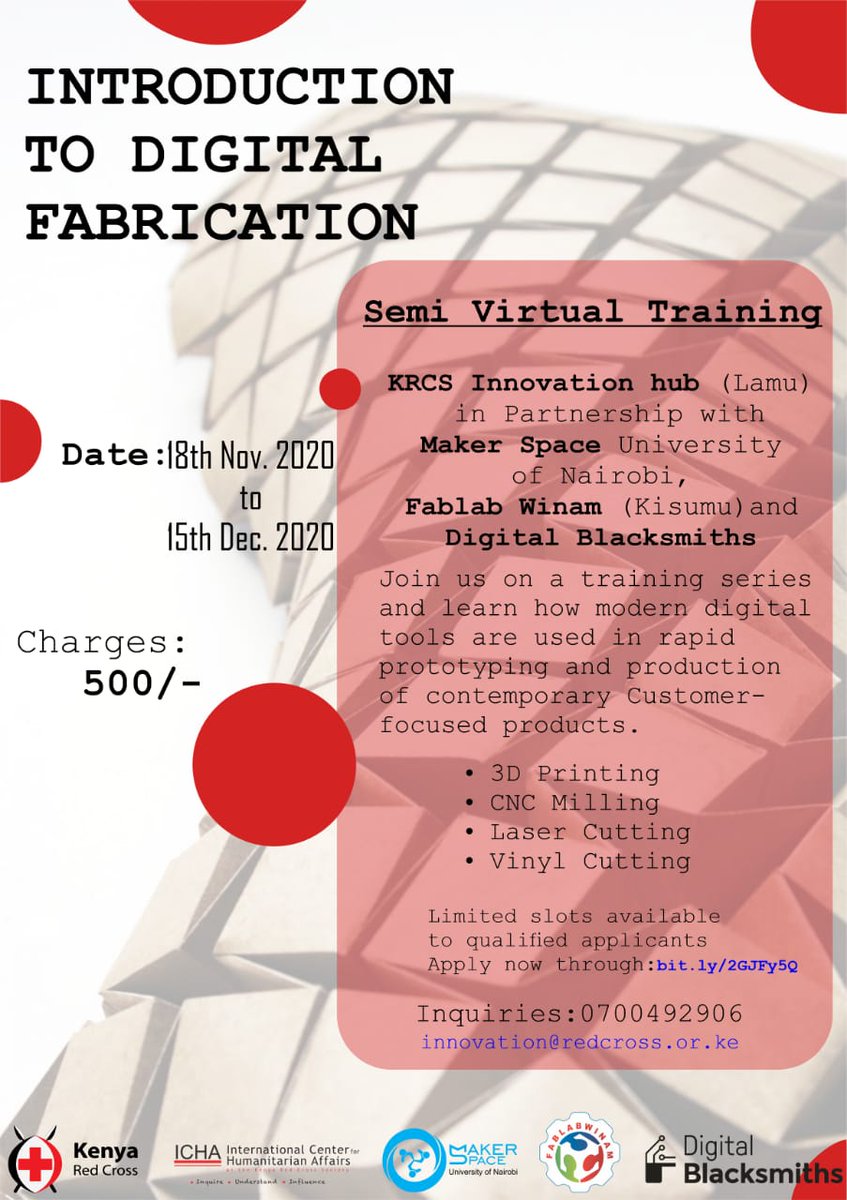 KenyaRedCross's tweet photo. Our Innovation Hub in Lamu is organizing a semi-virtual training in collaboration with @FablabNairobi at the @UoNBI and @FablabWinam in Kisumu.

The 'Introduction to Digital Fabrication' training targets youths in Lamu, Nairobi and Kisumu.

Register here: https://t.co/r7oq8RcgIy https://t.co/b43zhCN2hv