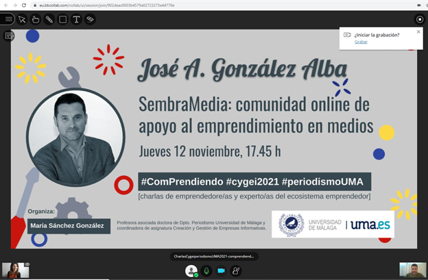 cibermarikiya's tweet photo. Ayer voló el tiempo en la sala virtual especial para charlas #comprendiendo de #cygei2021 #periodismoUMA, con @jagonzalezalba, embajador de España de @sembramedia. ¡Mil gracias por tu generosidad y por traernos, junto a la red, tantas ideas y tendencias sobre emprendimiento! https://t.co/sr2rZjWcBg