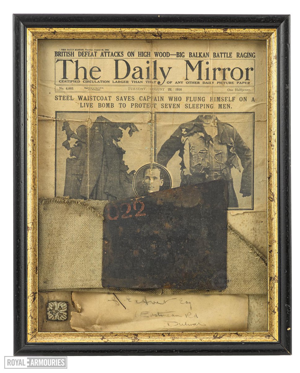 (1/10 ) It's  #Friday13th 2020, so clearly we need all the good fortune we can lay our hands on. So, here are some of the luckiest items from our collection Framed body armour of Captain Hugh Cowell Kinred who jumped on a bomb and survived, saving his 7 comrades (I.1658)