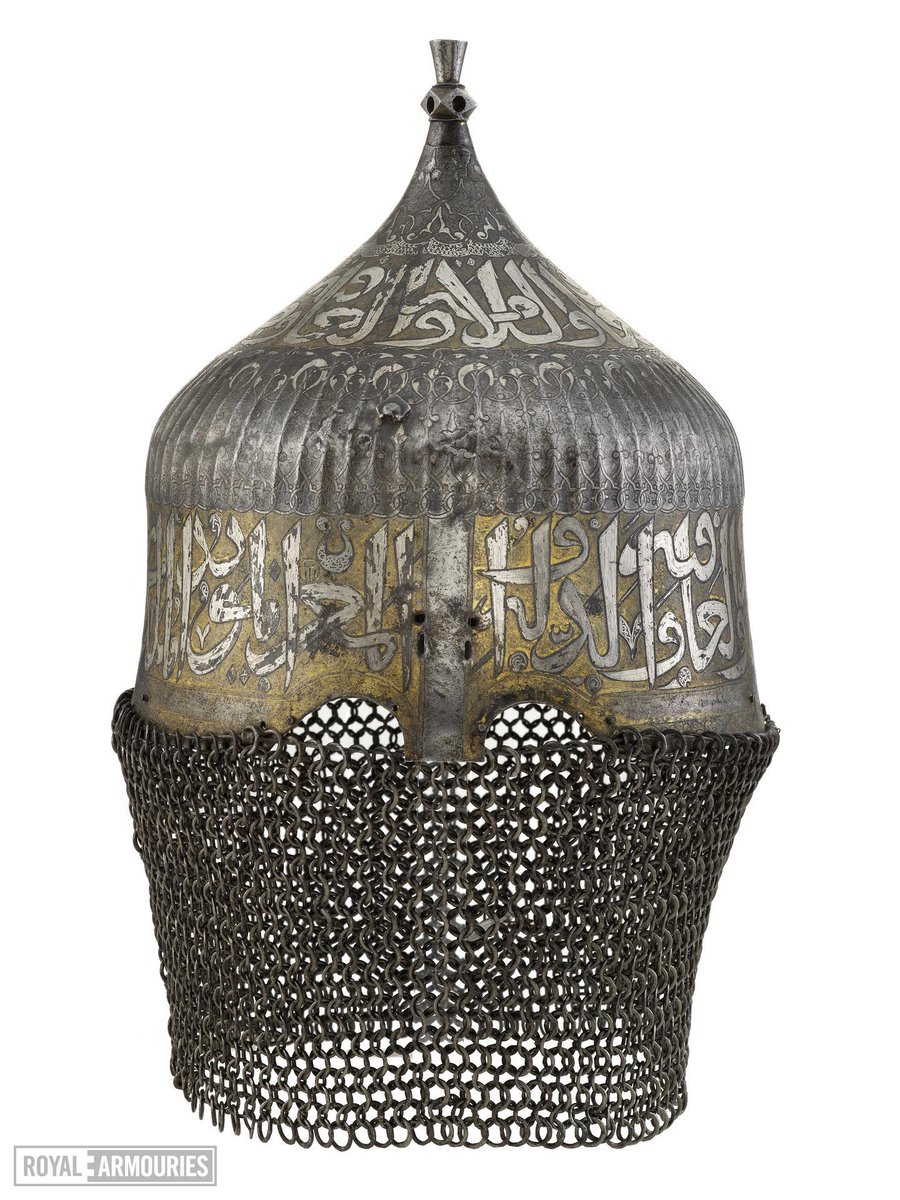 (6/10) Islamic arms and armour were often decorated with ornate calligraphy. The inscription at the top of this 15th-century Turban Helmet from Eastern Turkey reads: "To its owner good fortune, peace, and health throughout his lifetime as long as the doves coo" XXVIA.142