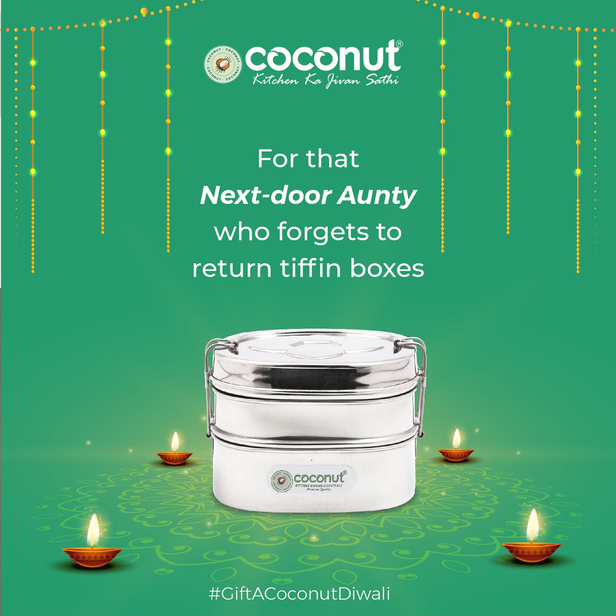 MyCoconutWorld1's tweet photo. Diwali sweets or delicacies taste best when shared with everyone. Share it in beautifully designed Coconut Tiffin to convey your regards and enjoy the taste of togetherness.
#GiftACoconutDiwali
#GiftACoconut #Diwali #DiwaliGifting #HappyDiwali #tiffin #Coconut https://t.co/RT9GJm2KWf