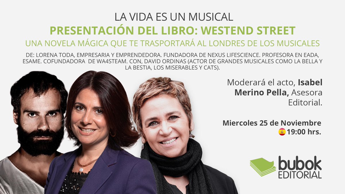 Con mucha ilusión el próximo día 25 de noviembre presentaré on line #westendstreet  junto a mi amigo y socio <a href="/davidordinas/">DAVID ORDINAS</a> y con la moderación de <a href="/IsabelMerpe/">Isabel Merino Pella</a> 
👉🏻 us02web.zoom.us/j/89981485443
<a href="/bubok/">Editorial bubok.es</a> #libros #musicales #escritora