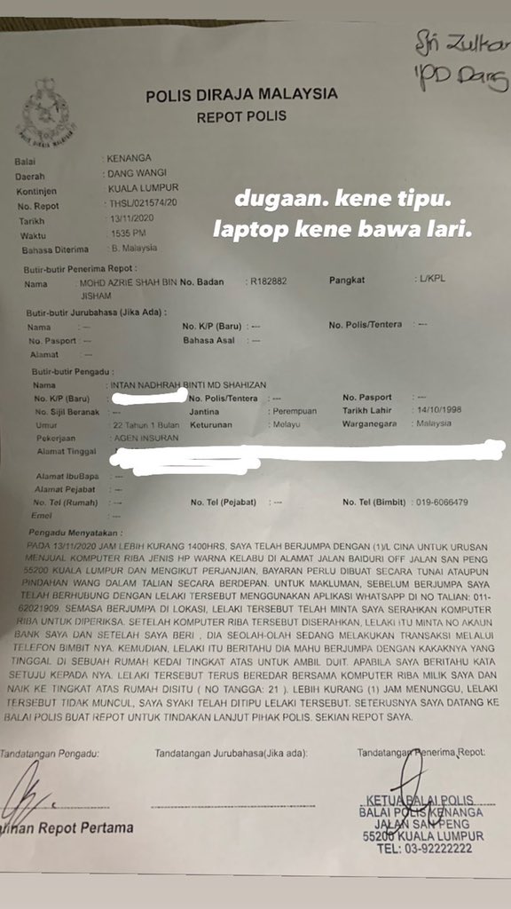 hey guys i nak minta tolong viralkan sampai jumpa cina ni. dia dah tipu i and bawa lari laptop i. area KL. kalau ada terjumpa pegang dulu cina ni. tolong guys 