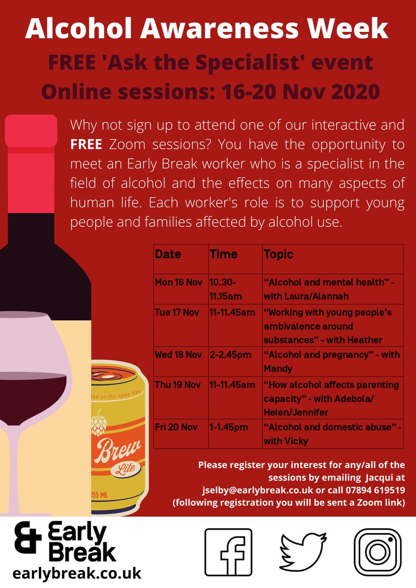 #free online sessions available during #AlcoholAwarenessWeek 16-20 Nov - looking at all aspects of how #alcohol can affect human life #dontmissout #experts #zoom #signup