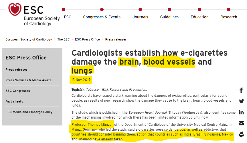 The official  @escardio press release & accompanying  #mediacampaign, incl. numerous interviews by the Prof., made  #exaggerated policy recommendations neither founded on the paper nor a smart  #PublicHealth choice at any timeE.g.: Let's ban  #eCigs were  are widely available!3/n