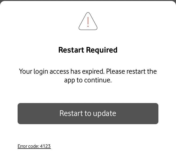 HappyHurrell's tweet photo. @VodafoneUK My app won’t work. Error code 4123. I’m on iOS14. I don’t have a default browser option as only have Safari. Have tried uninstalling and reinstalling. Help please! https://t.co/eVr0YziMY3