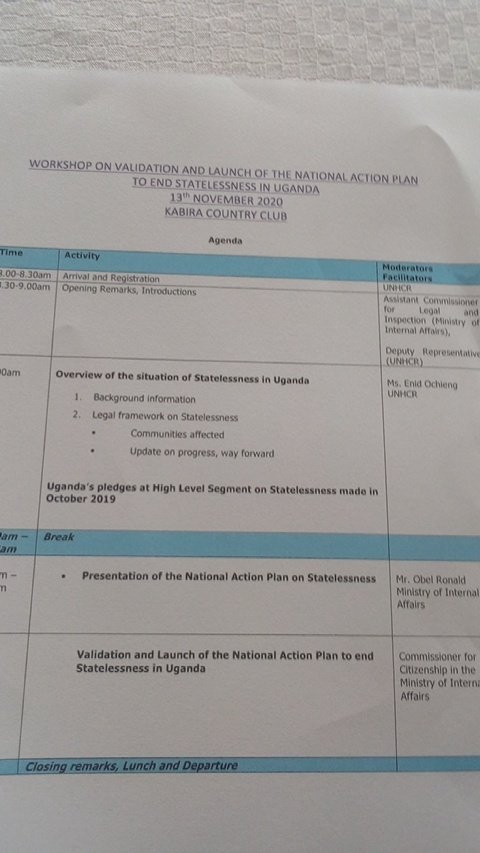 PeaceRugyema's tweet photo. Am honoured to represent @refugeelawproj at the validation and launch of the National Action Plan to End Statelessness in Uganda @UNHCRuganda @OPMUganda @MIA_UG @DrChrisDolan @DevotaNuwe @ongwechd @nyahagon @NIRA_Ug @JoanAnena2 @TKalitani  @IntRefRights @Asiimwedw1 @CounselINNO https://t.co/Gmf01qfZgm