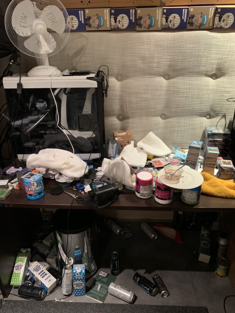 anomalyxd's tweet photo. Me and Papa are making a video RATING your computer setups and rooms. I live like a mentally ill hoarder so we want to see what your rooms look like! You can show your clean setup or your dirty nasty ass setup! Reply with the pics on this tweet and prepare to get roasted 😂😂😂😂 https://t.co/ET6eV4GoWz