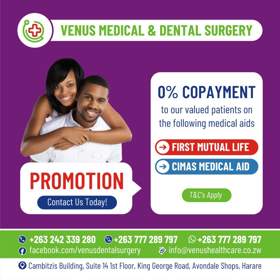 OviaasMashamba's tweet photo. Come get a deal for Medical aid at no shortfall promotion still running for both medical and dental services Venus is the best in town. #HumansofVenus @the_mind_doc @MRIRadiology @GenHealthZW @healthtimeszim @venus_surgery https://t.co/vzECwK6ycJ