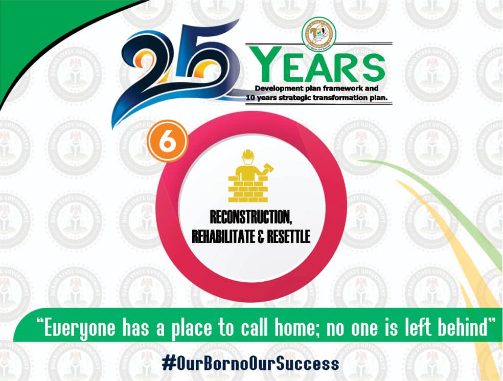 Borno's 25 year Development Plan, 10 years of strategic transformation launch, coming up on Saturday 14th November 2020. * At least 30% of IDPs successfully resettled in a year. * Average duration for reconstruction of community homestead is 4 months. #OurBornoOurSuccess