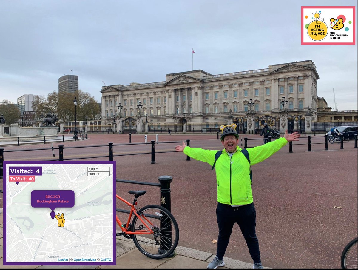 Stop number 4 our 2nd stop for  @BBC3CR and our most regal of the day outside Buckingham Palace! Want to donate? Visit Jasons show page:  http://bbc.in/3p6IlHw&nbsp; #ChildrenInNeed  