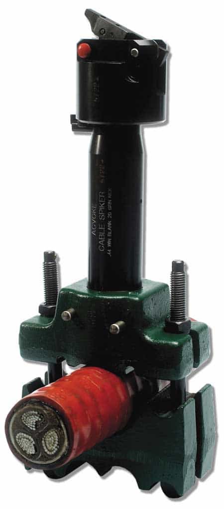 The Ackvoke cable spiking gun fires a chisel through the cable using a bullet. We load the bullet. Stand back. Clear the area. Pull a lanyard. And BOOM  Cable spiked. This is for HV cables ONLY. NEVER spike an known LV cable [8/12]