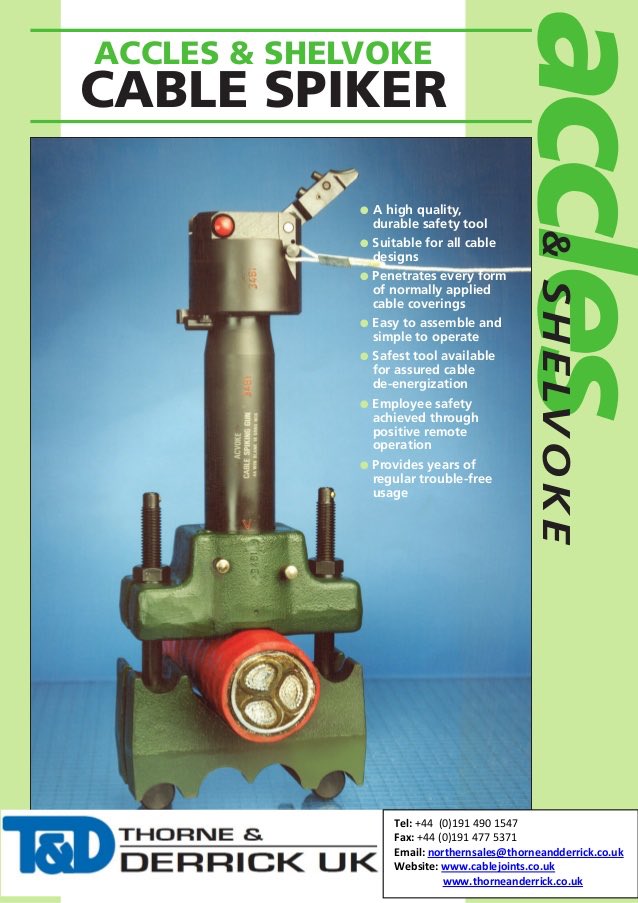 If the cable is alive, the spiking gun puts a short circuit in it and the protection at the substation will respond and cause the circuit to trip in short order. If it’s already dead (we trust) then nothing else happens. We shoot a hole in the cable. Happy days  [9/12]