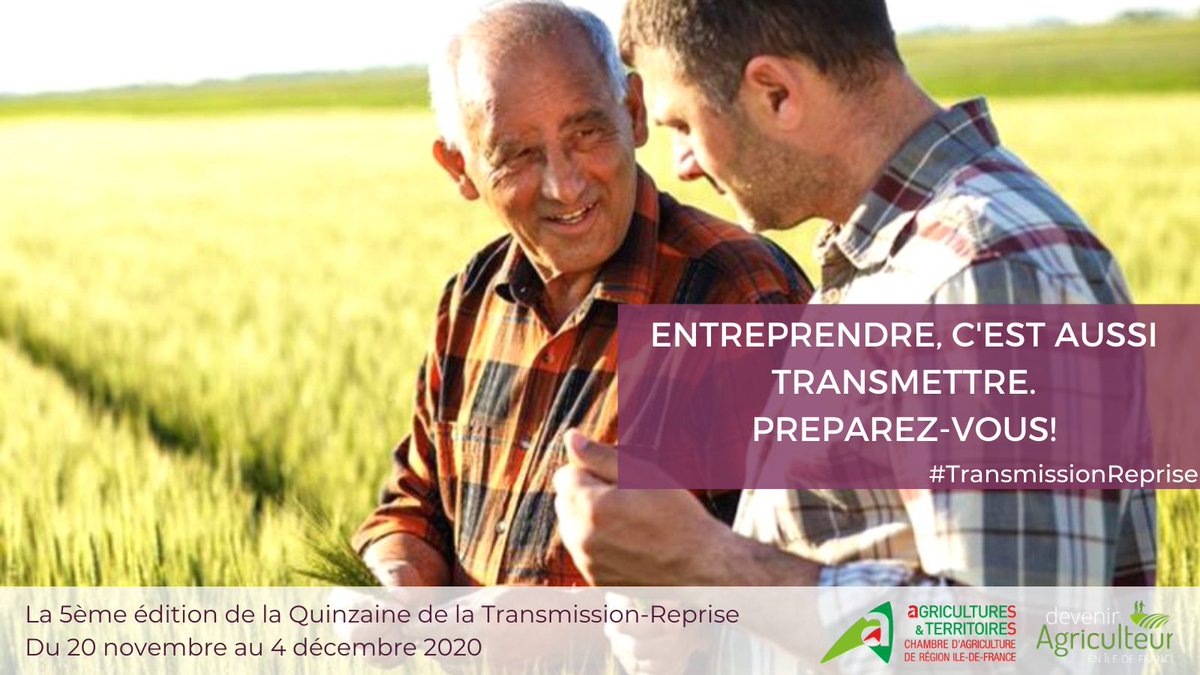 📣📣LA QUINZAINE DE LA TRANSMISSION-REPRISE EST LANCÉE!

Entreprendre, c’est aussi transmettre. Préparez-vous !
Reprendre, c'est entreprendre. Lancez-vous ! 
#TransmissionReprise #DevenirAgriIDF