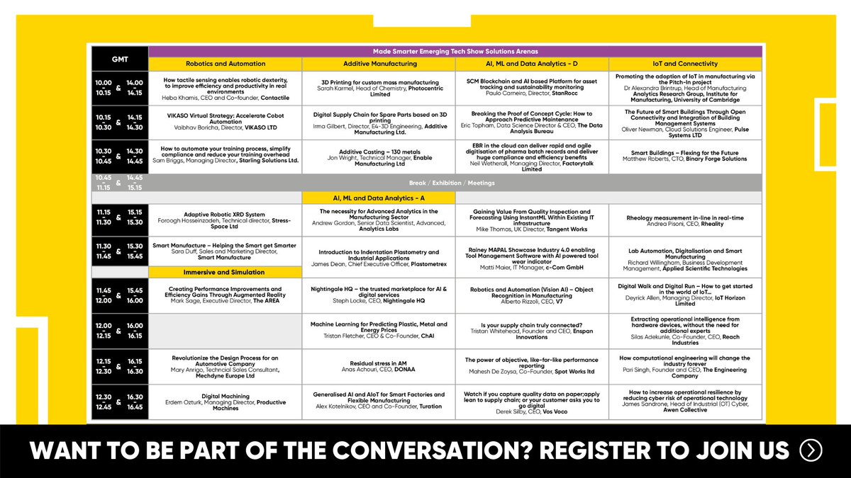 TheManufacturer's tweet image. Wow what a day we have planned today! The Made Smarter Emerging Technology Show agenda is below! 

Don’t forget to visit the #EmergingTechShow to discover, new and upcoming technology. 

Register here for FREE! digital-manufacturing-week.com/register/

@MadeSmarterUK @innovateuk @KTN_Mfg