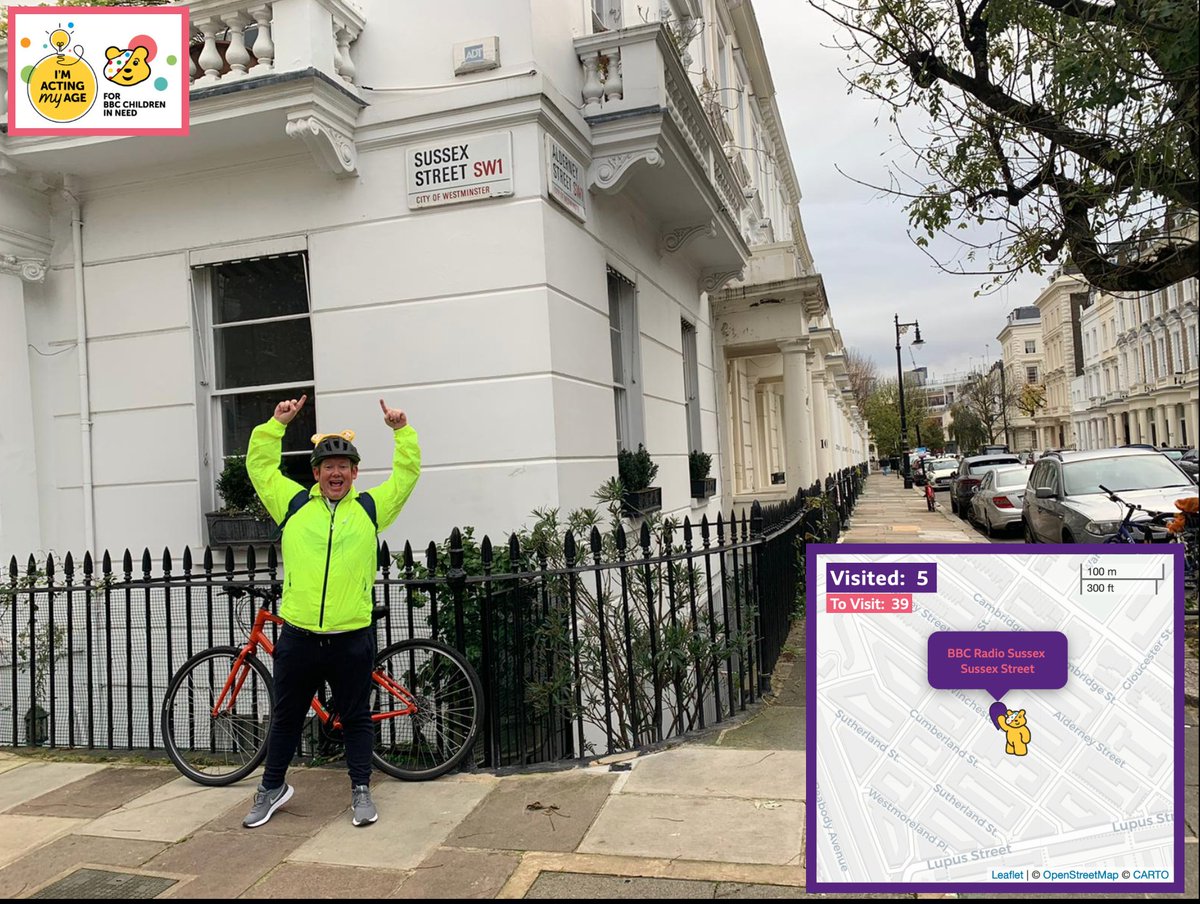 Jason has made it to Pimlico for stop 5 on  #RosamsRadioRideAThon - Sussex Street for  @BBCSussex. Only 39 stops to go....  #ChildrenInNeed  