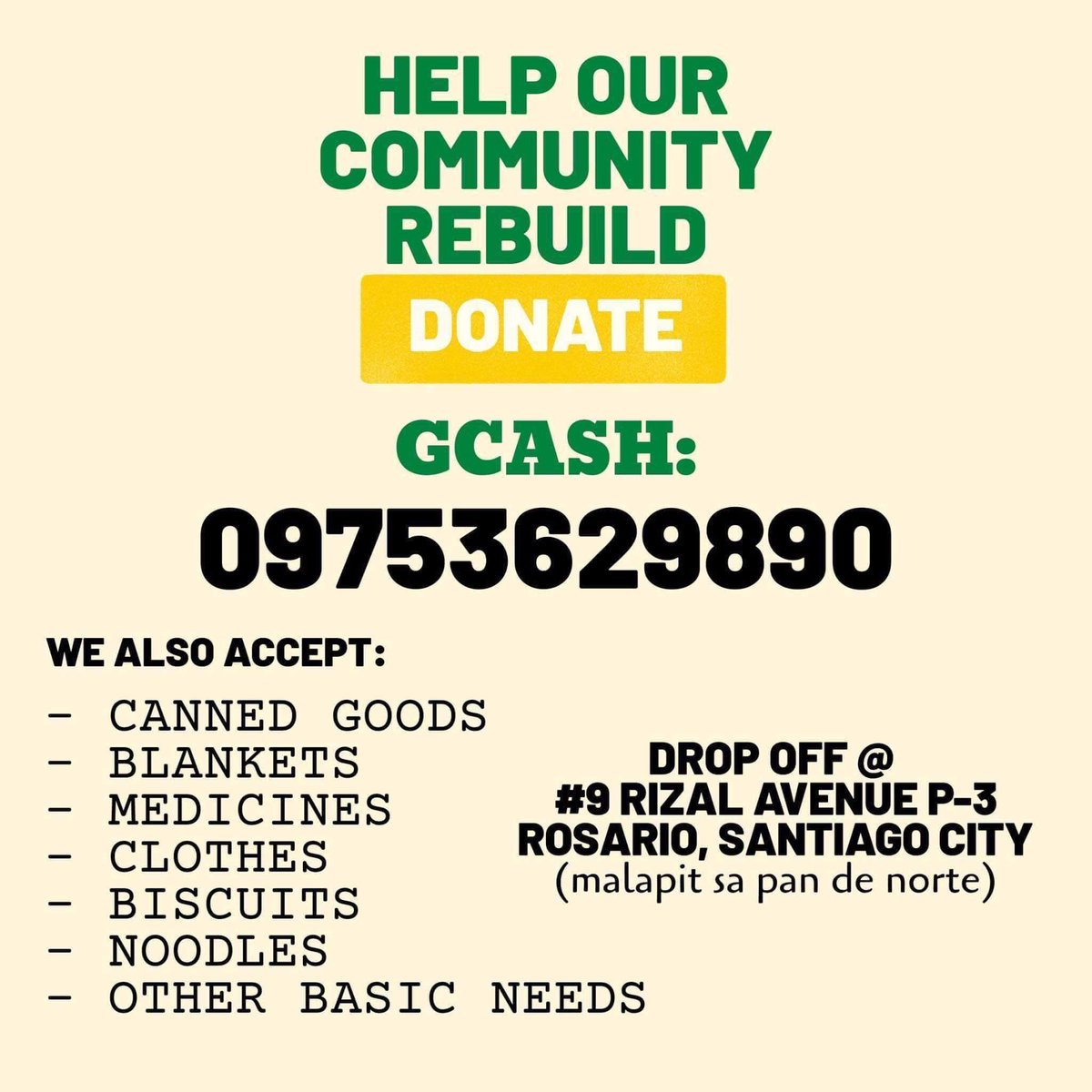 BarcaCluster's tweet photo. DONATE | Help our community Rebuild

GCASH: 09753629890

For more info please DM Jaja Palma @palmsssssssssss . Thank you 💙💚

#UlyssesPH
#ReliefPH https://t.co/d0J4v0izn7