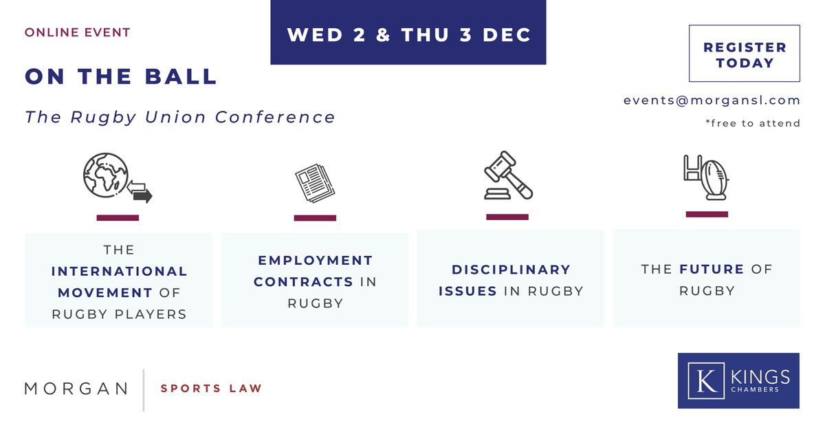 The kick-off of On the Ball, Morgan Sports Law and <a href="/Kings_Chambers/">Kings Chambers</a> rugby union conference, is less than three weeks away. Complete list of speakers will be announced next week!

More information can be found here - bit.ly/3p00Ltz
