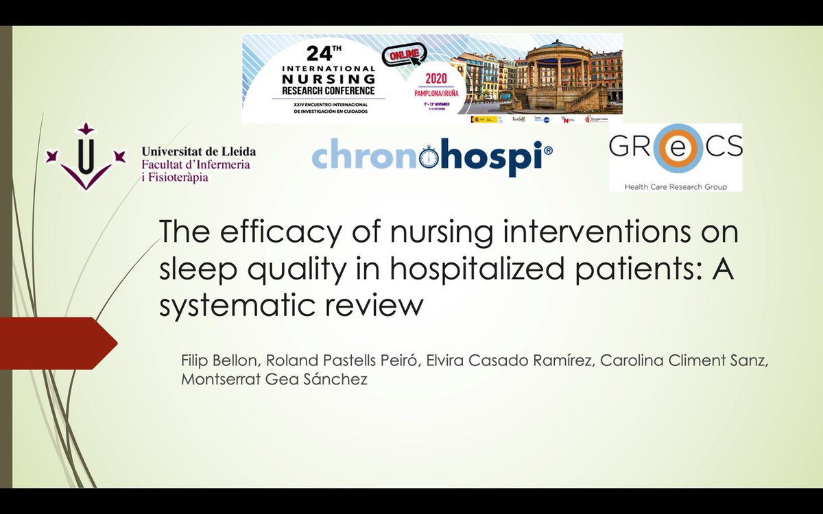 InfLleidaCOILL's tweet photo. Más trabajos con participación leridana en #e_inves20!
"The efficacy of nursing interventions on sleep quality in hospitalized patients: A systematic review" #Chronohospi
🙌🏻 Filip Bellon, Roland Pastells, Elvira Casado, Carolina Climent y Montserrat Gea
♥️ #ENFERMERASdeLLEIDA https://t.co/QL7tLUWA3D