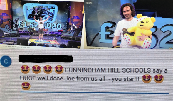Today, some of our classes joined in with the finale of Joe Wicks incredible 24 hour PE challenge in support of Children In Need...a huge well done from us here at Cunningham Hill Juniors!