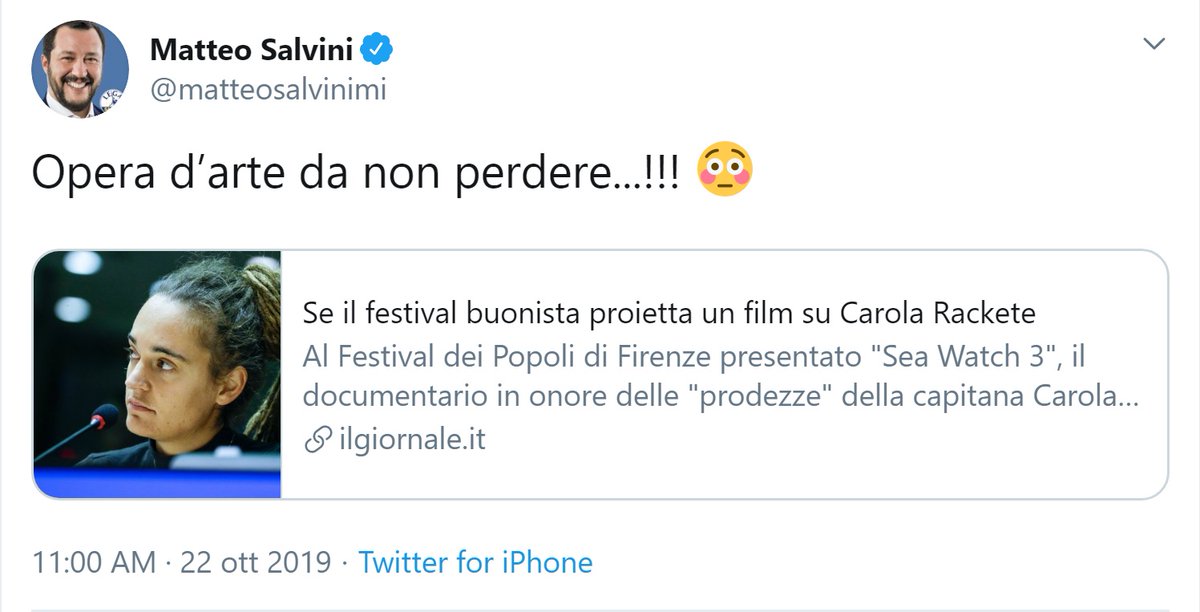 Festival dei Popoli (@fdp_florence) on Twitter photo Ciao <a href="/matteosalvini/">Matteo Salvini</a>, se vuoi scoprire i nostri documentari anche quest'anno abbiamo un #Rackete al Festival, è Jim (non è parente) il regista di NOW, che racconta i #FridaysForFuture. Nel programma trovi tanti altri film molto interessanti: mymovies.it/ondemand/popol…
<a href="/welikeduel/">Propaganda Live</a> Ciao <a href="/matteosalvini/">Matteo Salvini</a>, se vuoi scoprire i nostri documentari anche quest'anno abbiamo un #Rackete al Festival, è Jim (non è parente) il regista di NOW, che racconta i #FridaysForFuture. Nel programma trovi tanti altri film molto interessanti: mymovies.it/ondemand/popol…
<a href="/welikeduel/">Propaganda Live</a>