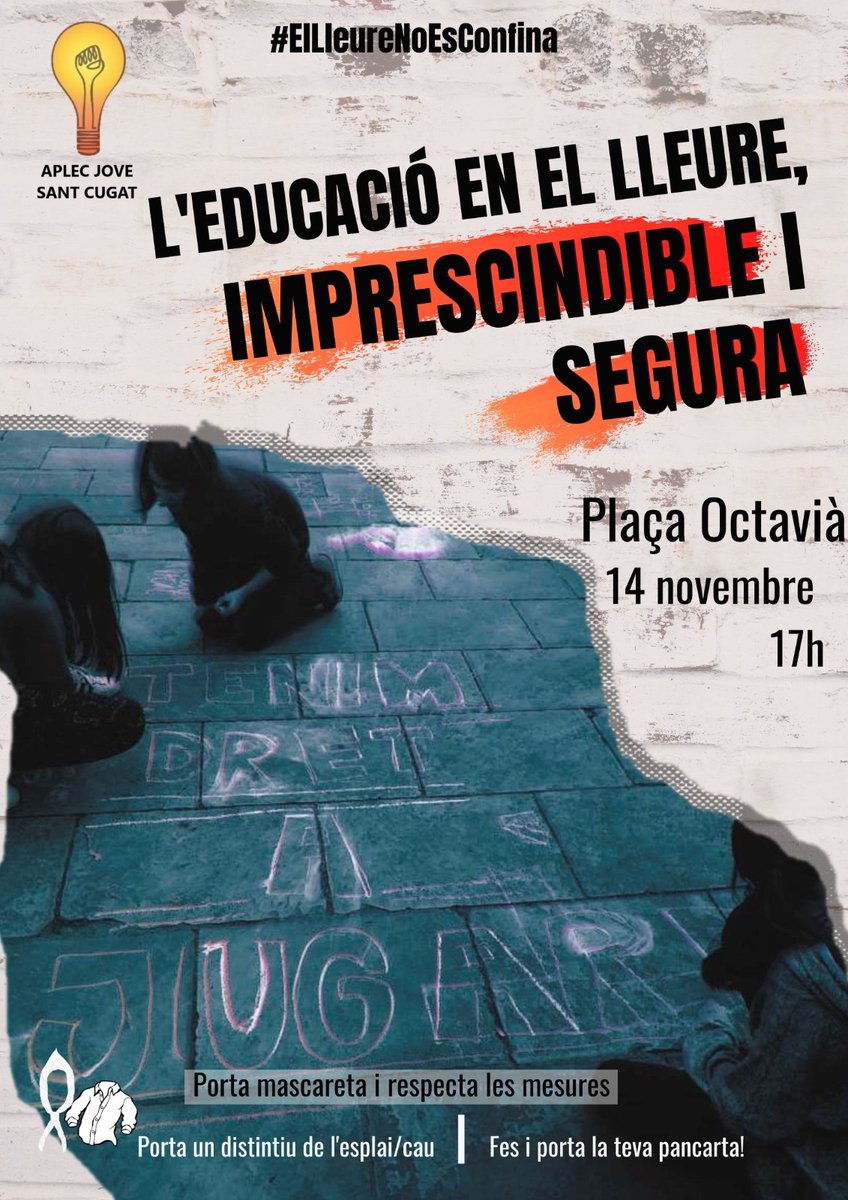 L'EDUCACIÓ EN EL LLEURE, IMPRESCINDIBLE I SEGURA!

L'Aplec Jove també sortim aquest dissabte #14N per reivindicar que  #ElLleureNoEsConfina 

@EsplaiSarau <a href="/EsplaiPicaRoca/">Esplai Pica-roca</a> <a href="/ArranStCugat/">Arran Sant Cugat</a> <a href="/La_Xesca/">La Xesca</a> <a href="/EsplaiCel/">Esplai C.E.L (Centre d'Esplai Loiola)</a> <a href="/elCugatenc/">elCugatenc</a> <a href="/totsantcugat/">TOT Sant Cugat</a> <a href="/cugatmedia/">Cugat Mèdia</a> <a href="/NacioSantCugat/">NacióSantCugat</a>  <a href="/laplataformavdg/">laplataformadegracia</a>