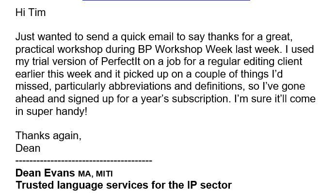 anglopremier's tweet image. Delighted to see that attendees from the #PerfectIt @IntelligentEdit workshop I ran at @BP20conf last week are finding value in what we discussed. Thank you @deanevansxl8 for this review! #xl8 #tn9