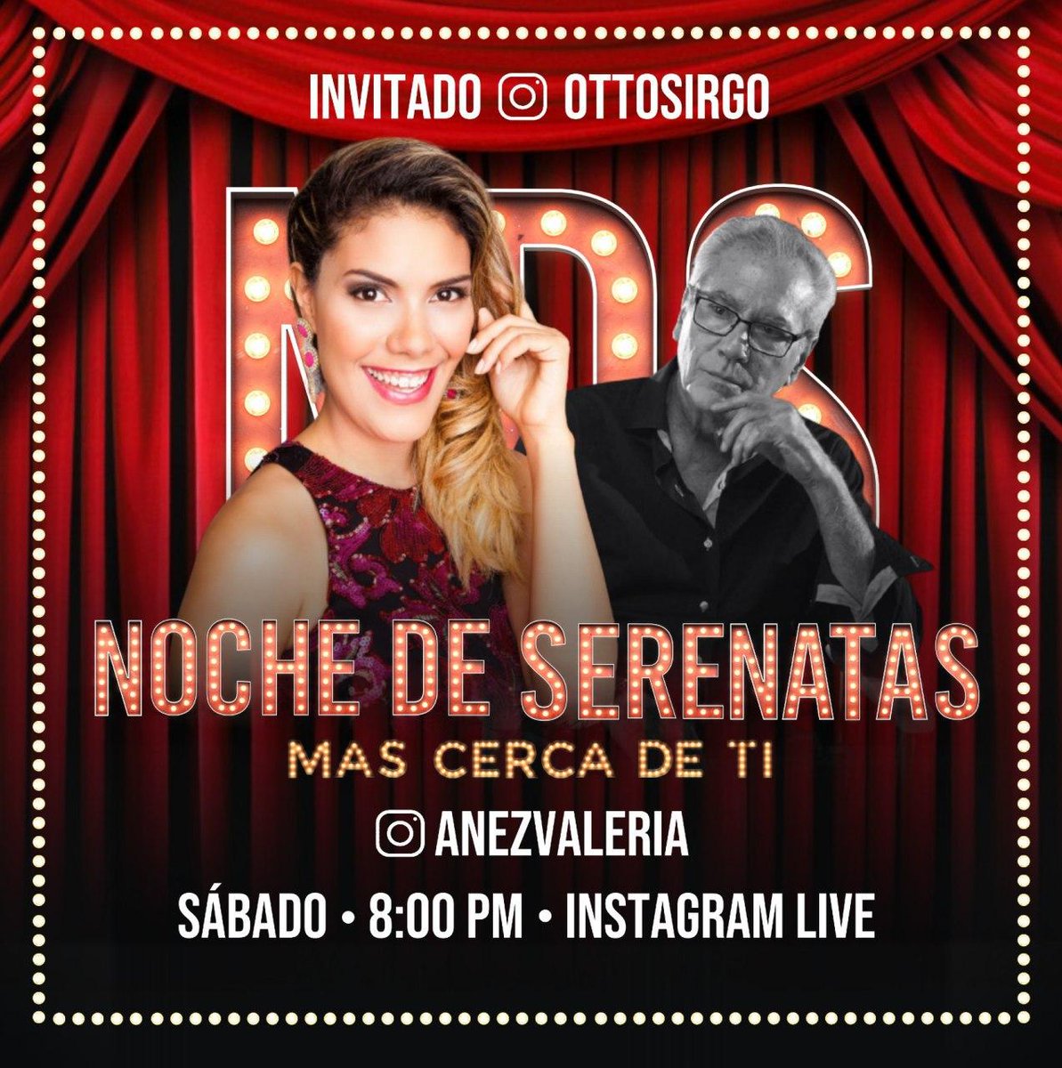 🇻🇪 Te invito a disfrutar con mi bella @AnezValeria en: Noche de Serenatas ♫, este Sábado 14 de Noviembre, a las 8:00 pm, por Instagram live!. Invitado el actor y director de cine, teatro y TV: <a href="/ottosirgo/">Otto Sirgo</a> 
.
.
instagram.com/anezvaleria  
.
Valeria Añez © 
.
arte © 
<a href="/ramonalfonsobm_/">Ramón Alfonso Briceño Molina ©</a>