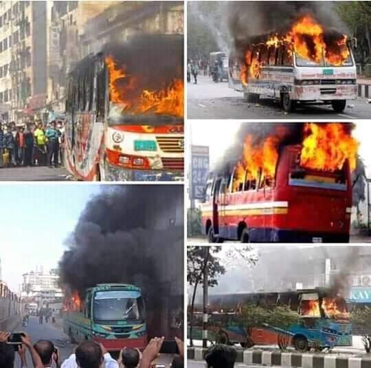 TujMitu's tweet photo. Nine buses were set on fire in the capital Dhaka yesterday to cover up massive vote robbery in the Dhaka-18 elections. https://t.co/hulvoMKwXq