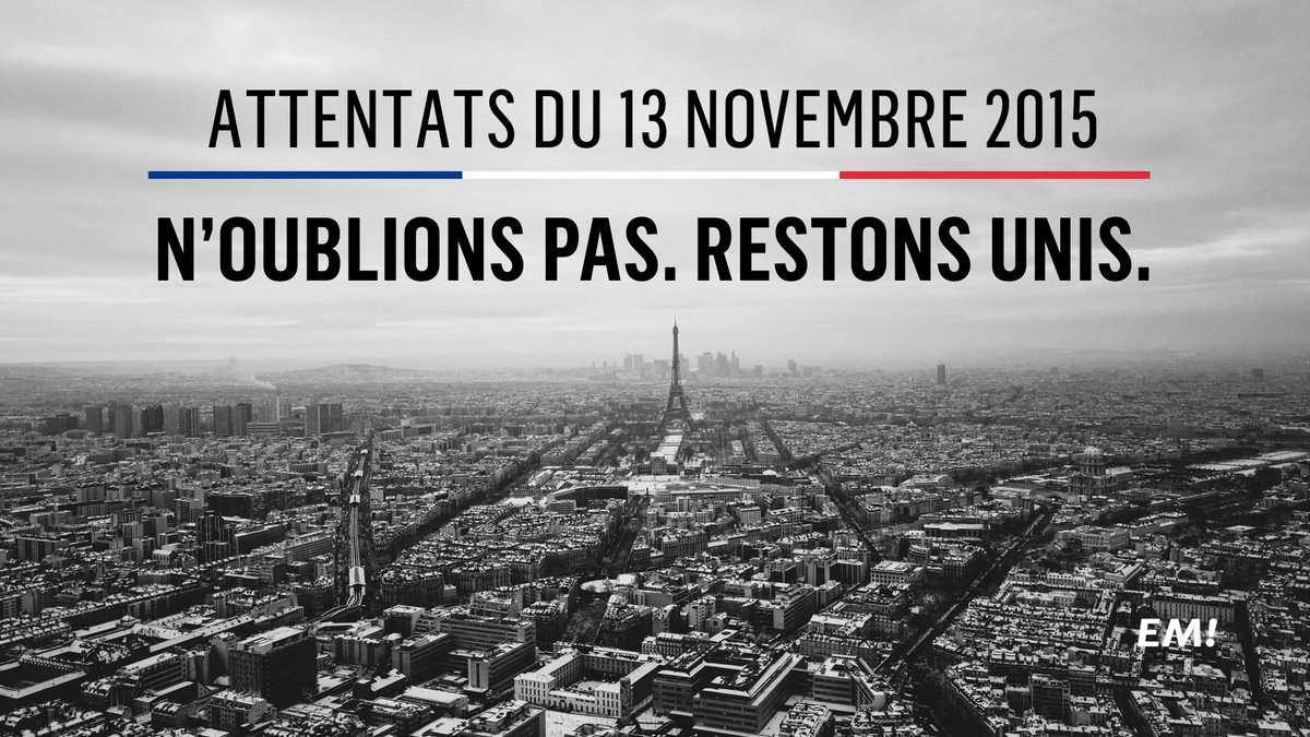 Aujourd'hui, nous pensons à celles et ceux partis ou meurtris le 13 novembre 2015.

Ne rien céder à l'esprit de division. Plus que jamais, restons unis.

#fluctuatnecmergitur