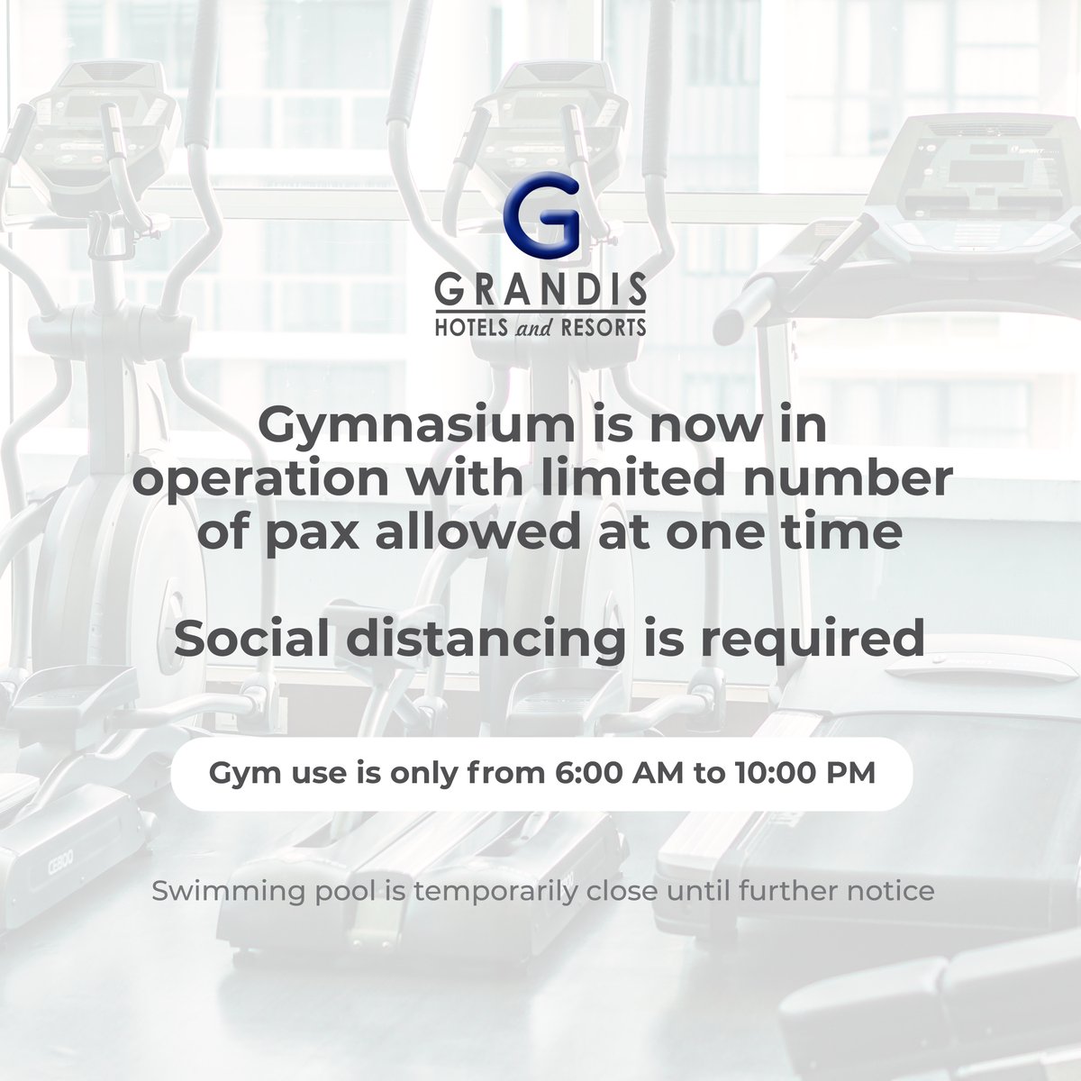 HotelGrandis's tweet photo. Good news! Our gym is now in operation! Let's build up our strength together. Healthy body, healthy mind ๐ช
#kitajagakita #staystrong #kkcity #hotelgrandis #hellosabah #kotakinabalu https://t.co/Ntwd4UwCWe