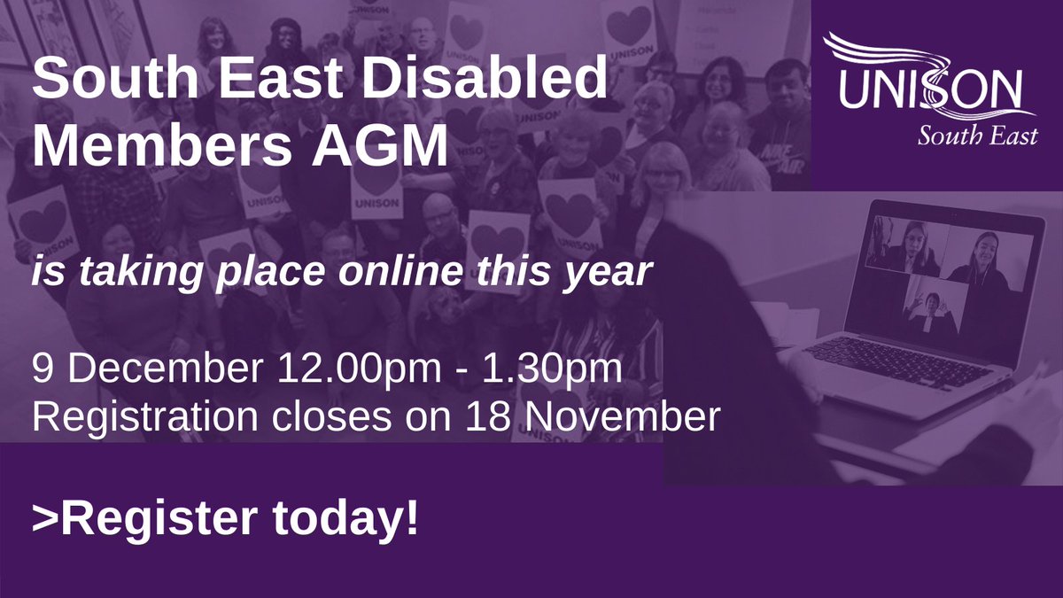 UNISONSE's tweet photo. Has your branch registered yet for the Regional Disabled Members AGM? Registration closes on 18 November at 5pm, find out more at https://t.co/7jAvsdaYIr https://t.co/QwMpoVL7KX