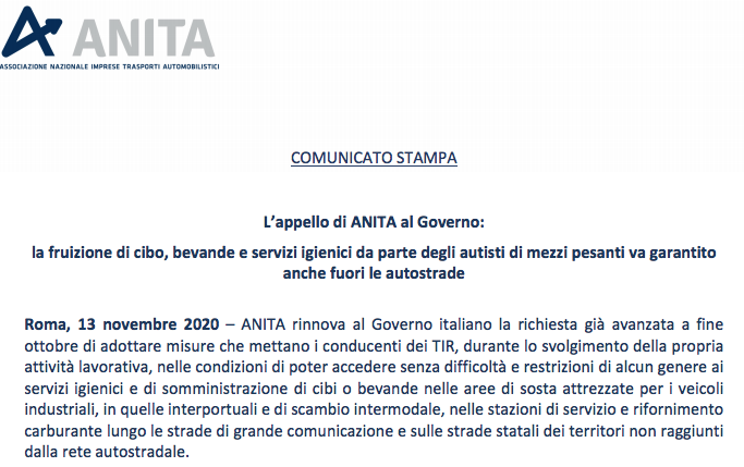 L’appello di ANITA al Governo: la fruizione di cibo, bevande e servizi igienici da parte degli autisti di mezzi pesanti va garantito anche fuori le autostrade
#autotrasporto #trasportomerci

📌leggi il comunicato:
anita.it/comunicatistam…