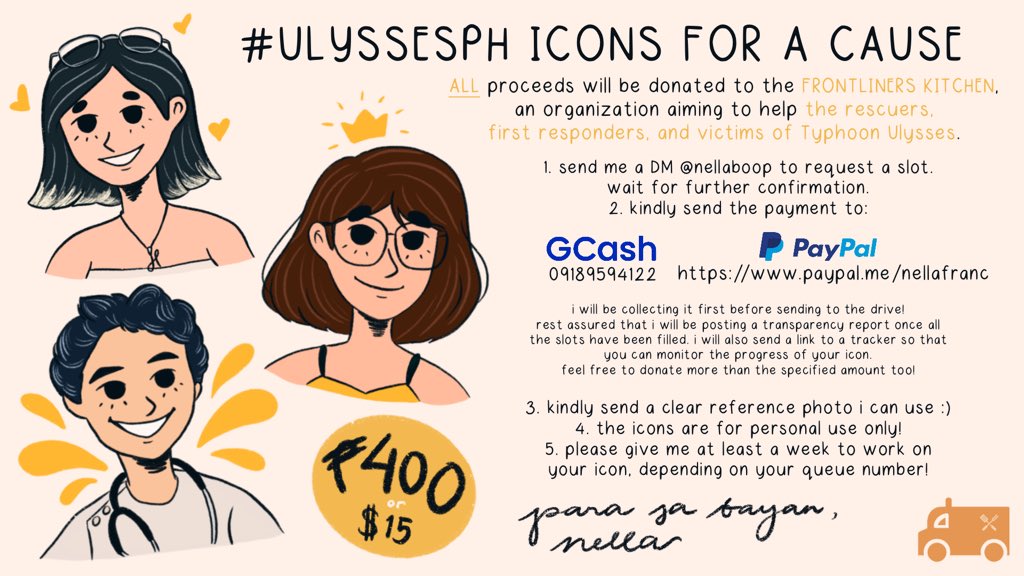 nellaboop's tweet photo. ‼️ #UlyssesPH DONATION COMMISSIONS OPEN ‼️
Now opening 10 SLOTS for ICON commissions! 100% of the amount collected will be donated to #FrontlinersKitchen, an organization aiming to help the rescuers, first responders, and victims of Typhoon Ulysses.
RTs are appreciated! #artph https://t.co/DOzokp23nu