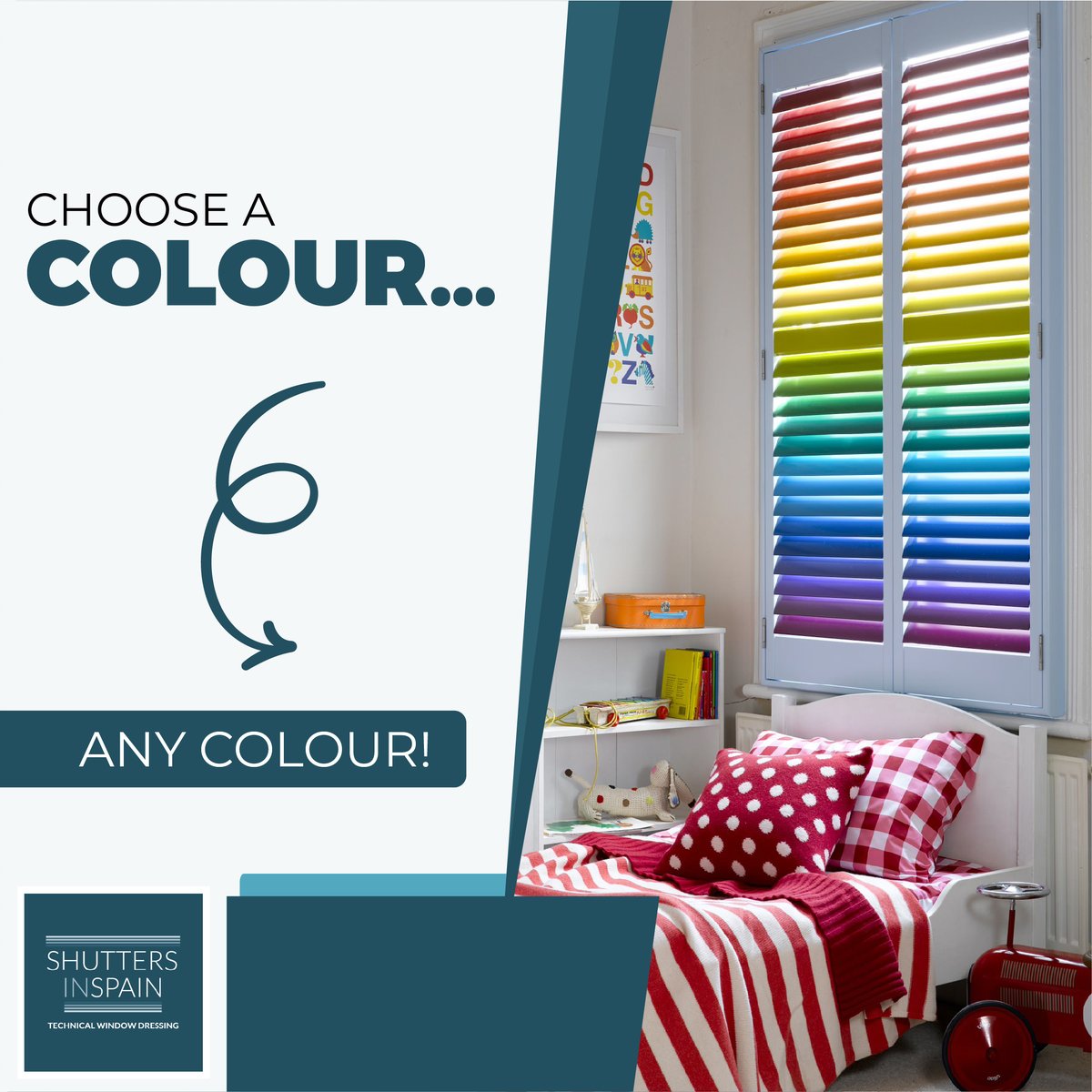 Refurbishing the children’s room? Here’s a great idea for window decoration! A multicoloured plantation shutter! They will love it, for sure! 

Contact us for a FREE quote: 

☎ +34 608.299.309 
🌍 shuttersinspain.com 
📩 info@shuttersinspain.com