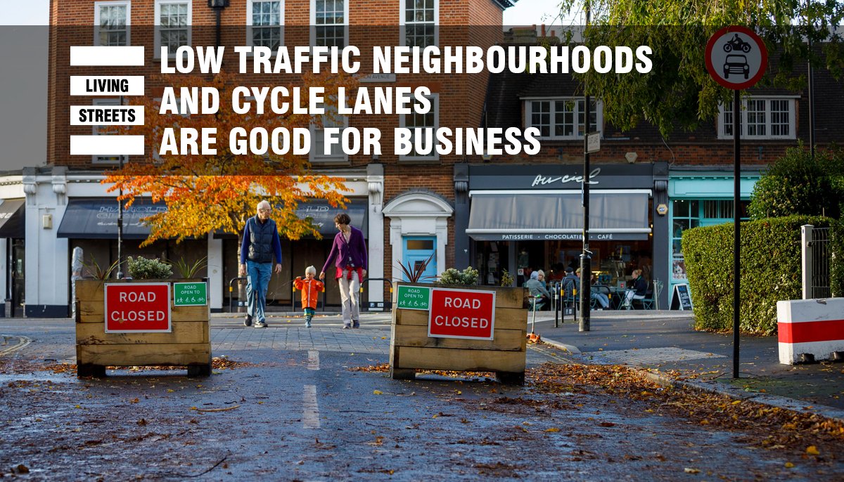  #LTNs and cycle lanes are good for business.Our  #PedestrianPound research shows footfall increases 20-35% on streets where the pedestrian experience has been improved.For well-designed projects, sales can increase by 30% when footfall is boosted.  https://livingstreets.org.uk/ltns 