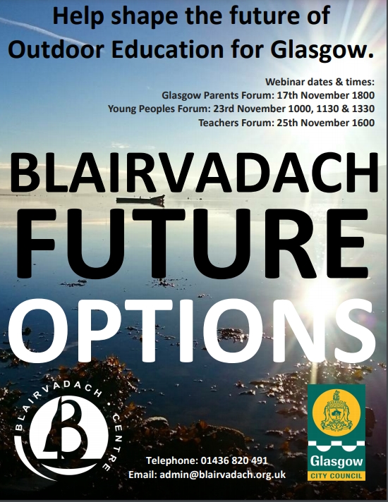 Help shape the future of Outdoor Education in Glasgow. Linked below is a consultation doc outlining some of the future options for our residential centre.We would like your feedback. blairvadach.org.uk/Pages/View/28

blairvadach.org.uk/Content/UserGe…