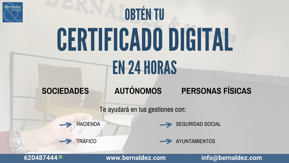 Obtén tu CERTIFICADO DIGITAL 
Pregúntanos 👉 620 487 444

#CertificadoDigital #Sociedades #Autónomos #Personasfisicas #Gestiones #Hacienda #Asesoria #Barcelona #Bernaldezyasociados