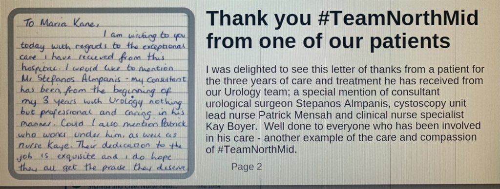 HHibaq's tweet photo. Just read a lovely feedback from a patient expressing appreciation for the consistent outstanding care delivered by Urology Consultant Mr Almplanis, Cystoscopy Lead Nurse Patrick and CNS Kay. Well done team, great work! @NM_Urology1 @NorthMidNHS #urology #patientfeedback # https://t.co/YfIJfPFlsY