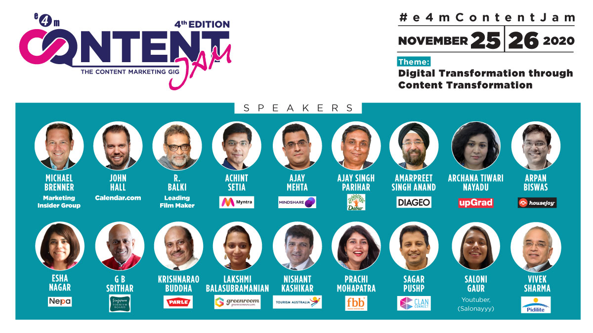 An exciting two days filled with International speakers, a Film Maker, India’s leading Brands, Influencers and Content Platforms. Content Jam 2020 is all set to decipher, “Digital Transformation through Content Transformation” Register now- bit.ly/32zkarG #e4mContentJam