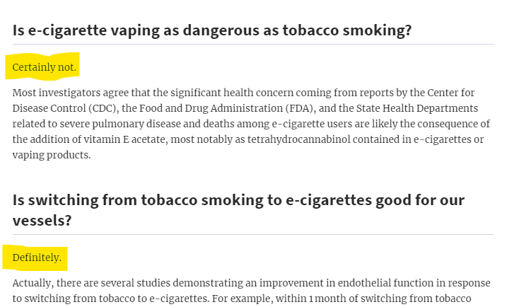 Then the surprising, almost  #unbelievable turn of story in 07/20: https://doi.org/10.1093/eurheartj/ehaa267incl. reference to e.g. : https://www.bhf.org.uk/what-we-do/news-from-the-bhf/news-archive/2019/november/smokers-who-switch-to-vaping-see-improvements-in-their-blood-vessel-healthActual change of mind or desperate try to rescue a Prof's reputation?Whatever, at least some clear Q&A's, though (too?) late.9/n
