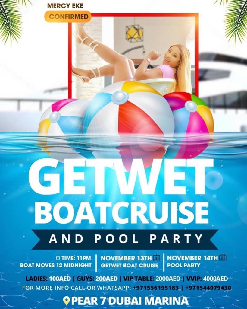 real_mercyeke's tweet photo. Where are my baby girls in Dubai, is about to be lit tonight🔥get your water guns, your sexy bikini 👙 it’s an all white yacht party like you never seen before💦 let’s get it popping👙 https://t.co/2QtT1c8hit