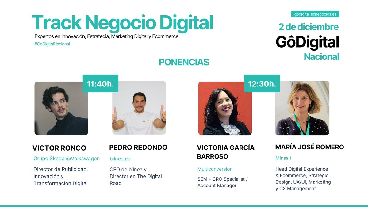 TICnegociosVLC's tweet photo. ¡18 días para #GoDigitalNacional 2020! 🔥

Ponencias del Track Negocio Digital con:
--------
🎤 @victorronco de @VW_es
🎤 @pedro_redondo de @bilnea
🎤 Victoria García de @multiconversion
🎤 Ma. José Romero de @minsaitbyindra

¡Inscripciones GRATIS!
➡️https://t.co/tgUgt0ygcI⬅️ https://t.co/aycQ1UUOaM