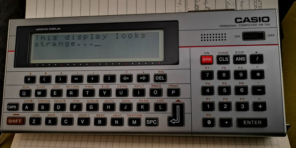 swartz_de's tweet photo. #Casio, why did you settle on the strange 8x8 font matrix for the #pb700 without redesigning the 7x5 font as well? Looks...wonky. #ポケコン https://t.co/K2cCv2ZQ2r