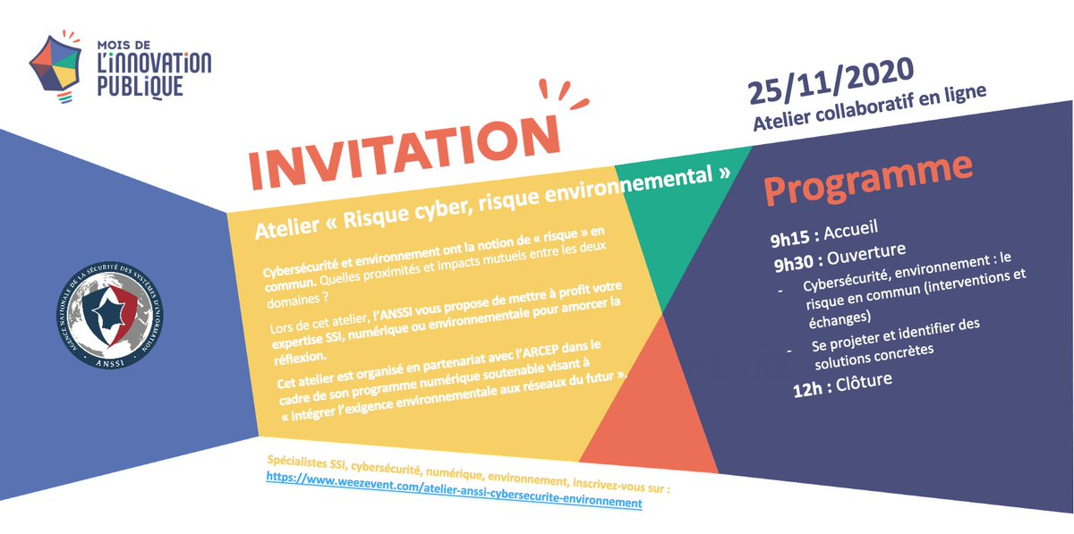 ANSSI_FR's tweet photo. Inscrivez-vous à l'atelier collaboratif « Risque cyber, risque environnemental » que nous organisons le 25/11 (9h30-12h) : quelles proximités, quels défis ? Avec l'@Arcep dans le cadre du #MoisIP de l'@_DITP. Nombre de places limitées >> https://t.co/CyCXxZ6kBR https://t.co/gLwM6xExD1