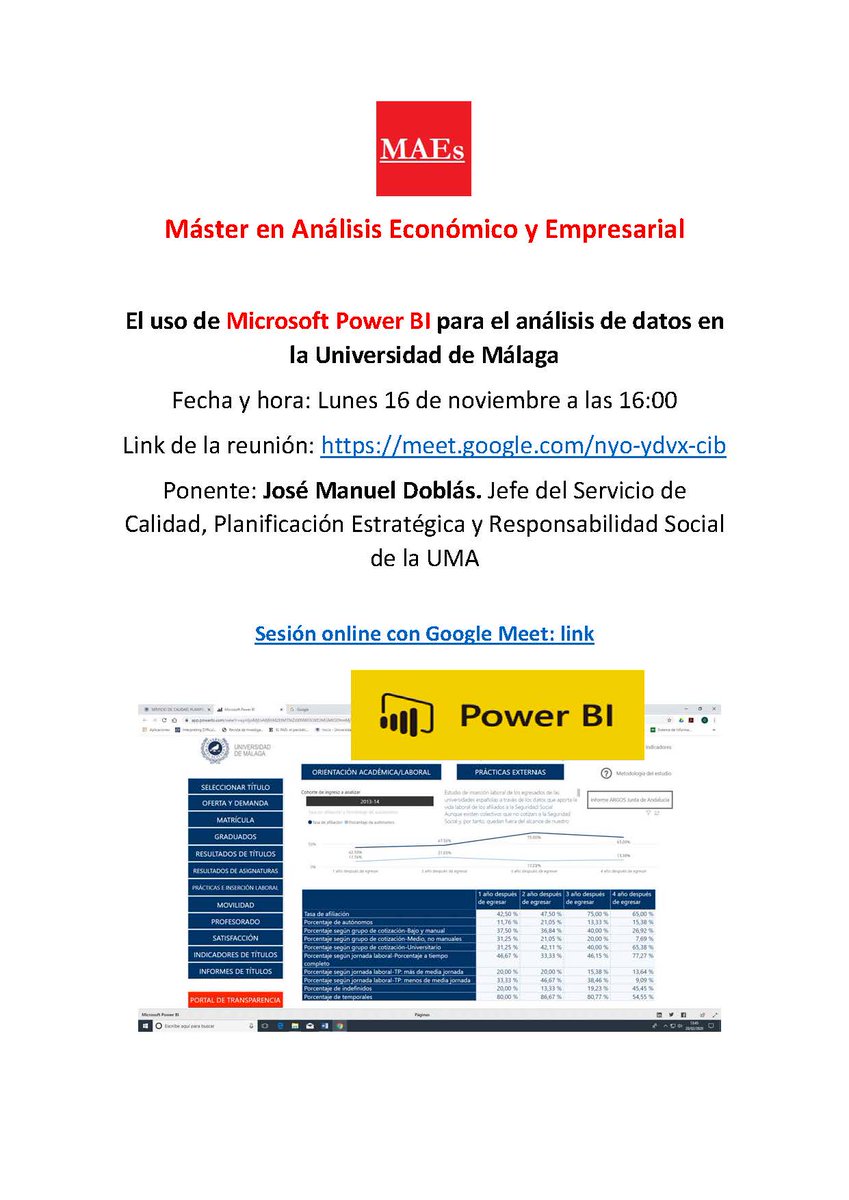 Este próximo lunes Jose José Manuel Doblás, Jefe del Servicio de Calidad <a href="/UMA/">吳宛璇</a>, presenta a los estudiantes de MAEs de la <a href="/FCEEUMA/">Facultad Económicas</a> cómo utilizan #PowerBI para visualizar todos los datos de los títulos oficiales <a href="/InfoUMA/">Universidad de Málaga</a>