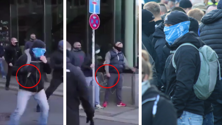 runtervdmatte's tweet photo. Marko Zschörner (oben: r., Bild v. @Pixelarchiv1, unten: mittleres Bild) griff mit einem messerähnlichen Gegenstand in der rechten Hand an. 
#RunterVonDerMatte #KeinHandshakeMitNazis #le0711 #Leipzig #Querdenken https://t.co/b17ZsYby5I