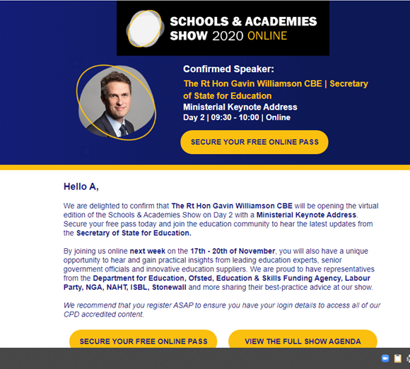 RsTeacher4life's tweet image. I think your marketing strategy may be slightly off! Sending me this as a way of enticing me to attend has had the exact opposite effect #SAAShow20 @GavinWilliamson